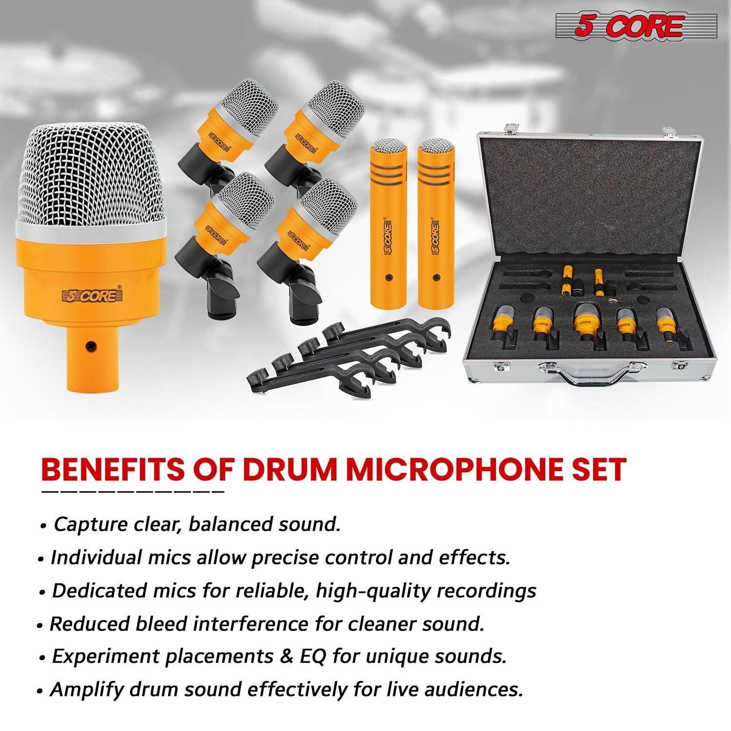 5Core Drum Mic Kit 7 Pcs Kick Basstom Snare Dynamic Microphone Instrument Mics Set Yellow