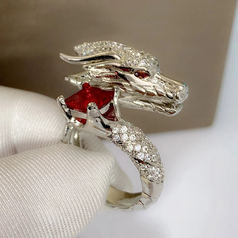 Chinese Silver Color Dragon Pattern Men Rings Inlaid Big Oval Red Stone Wedding Party Finger Rings Male Trendy Jewelry