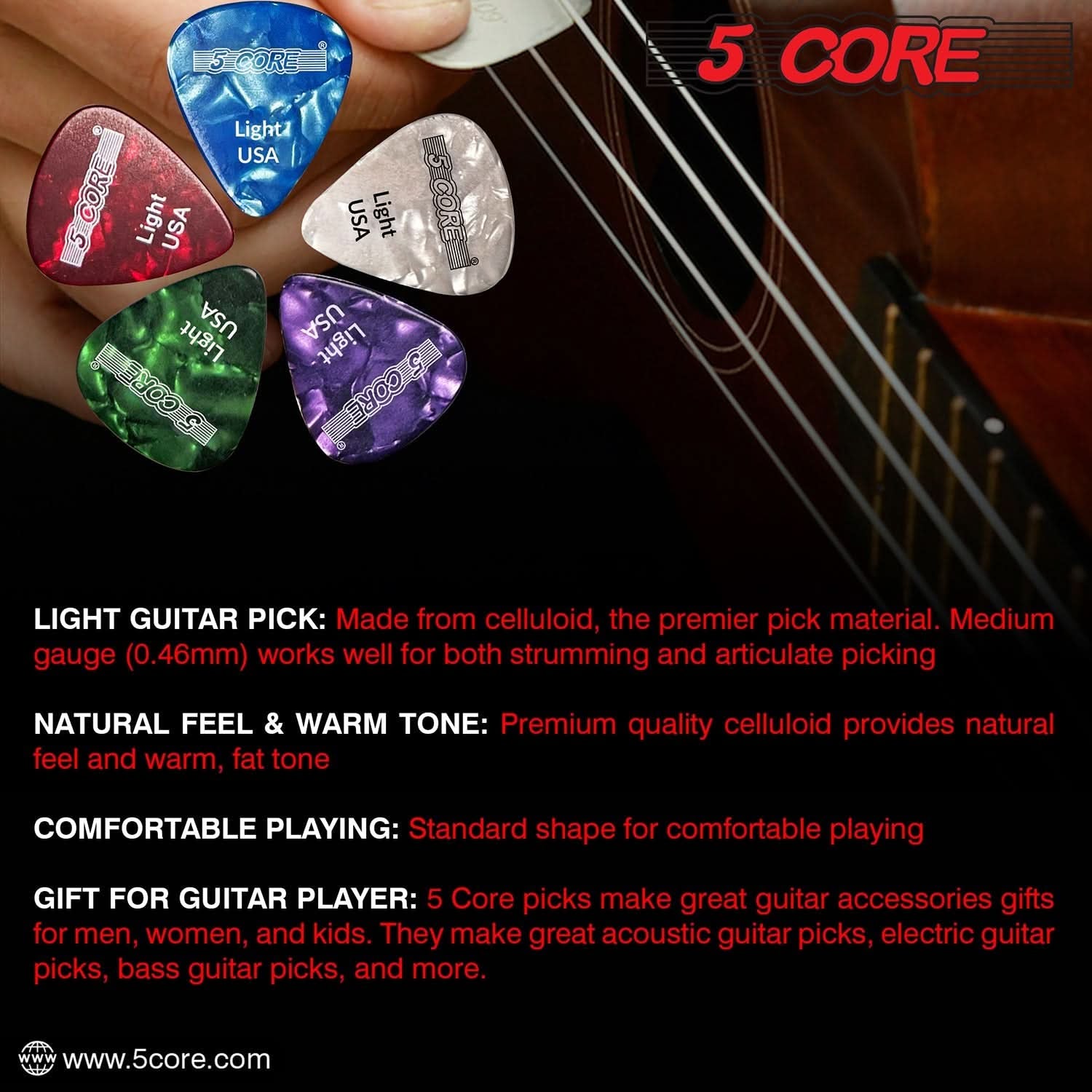 5Core Guitar Picks Celluloid Light Gauge 0.46Mm Pick - Acoustic Electric Bass Guitars RED