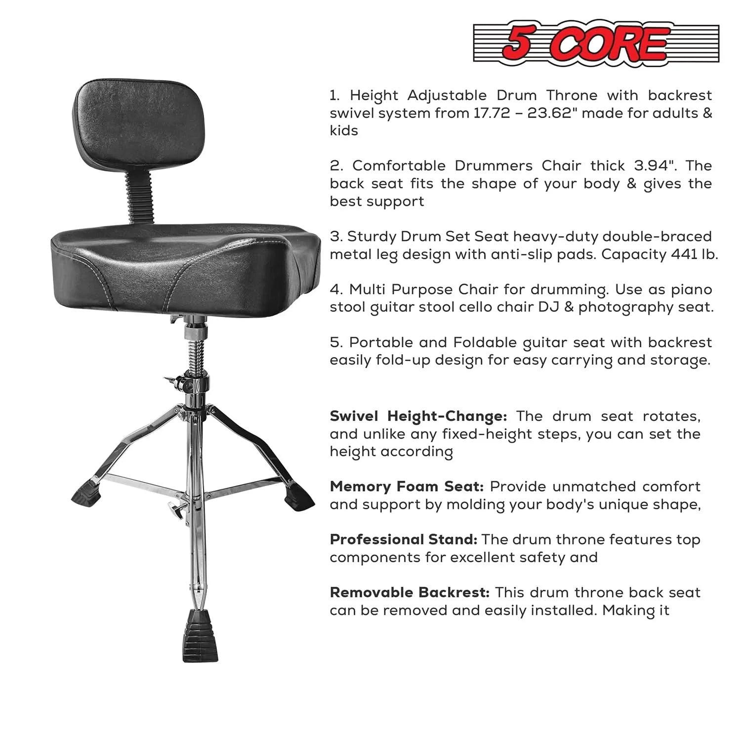 5Core Drum Throne Padded Guitar Stool Backrest Drummer Seat for Adults & Kids BLACK