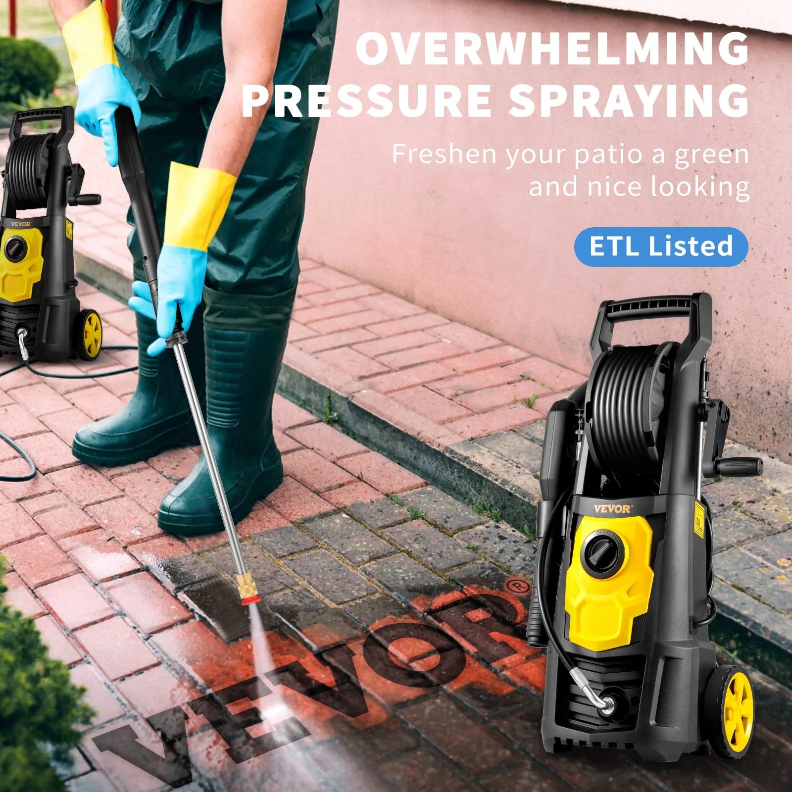 VEVOR Electric Pressure Washer, 2000 PSI, Max 1.65 GPM Power Washer W/ 30 Ft Hose & Reel, 5 Quick Connect Nozzles, Foam Cannon, Portable to Clean Patios, Cars, Fences, Driveways, ETL Listed