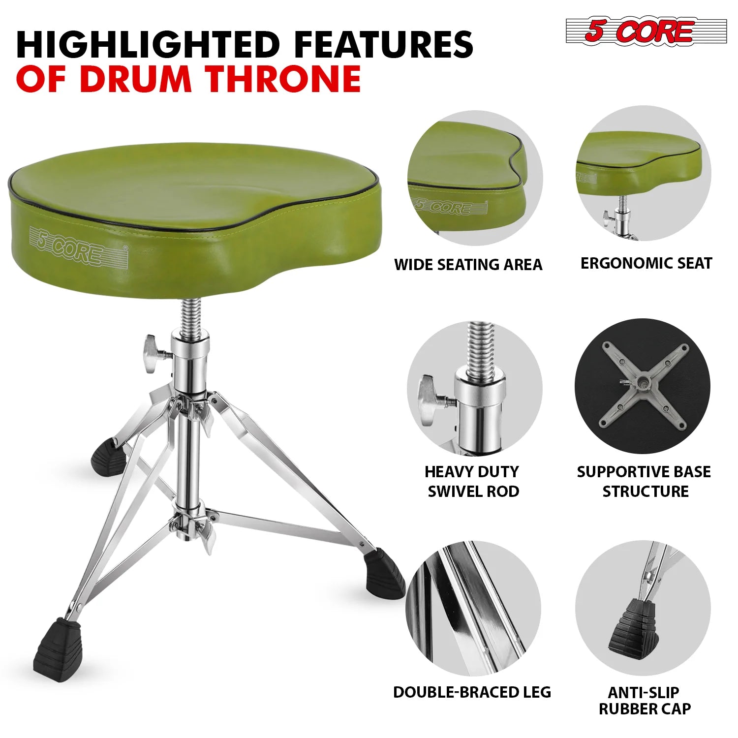 5Core Drum Throne Padded Guitar Stool Saddle Drummer Seat for Adults & Kids