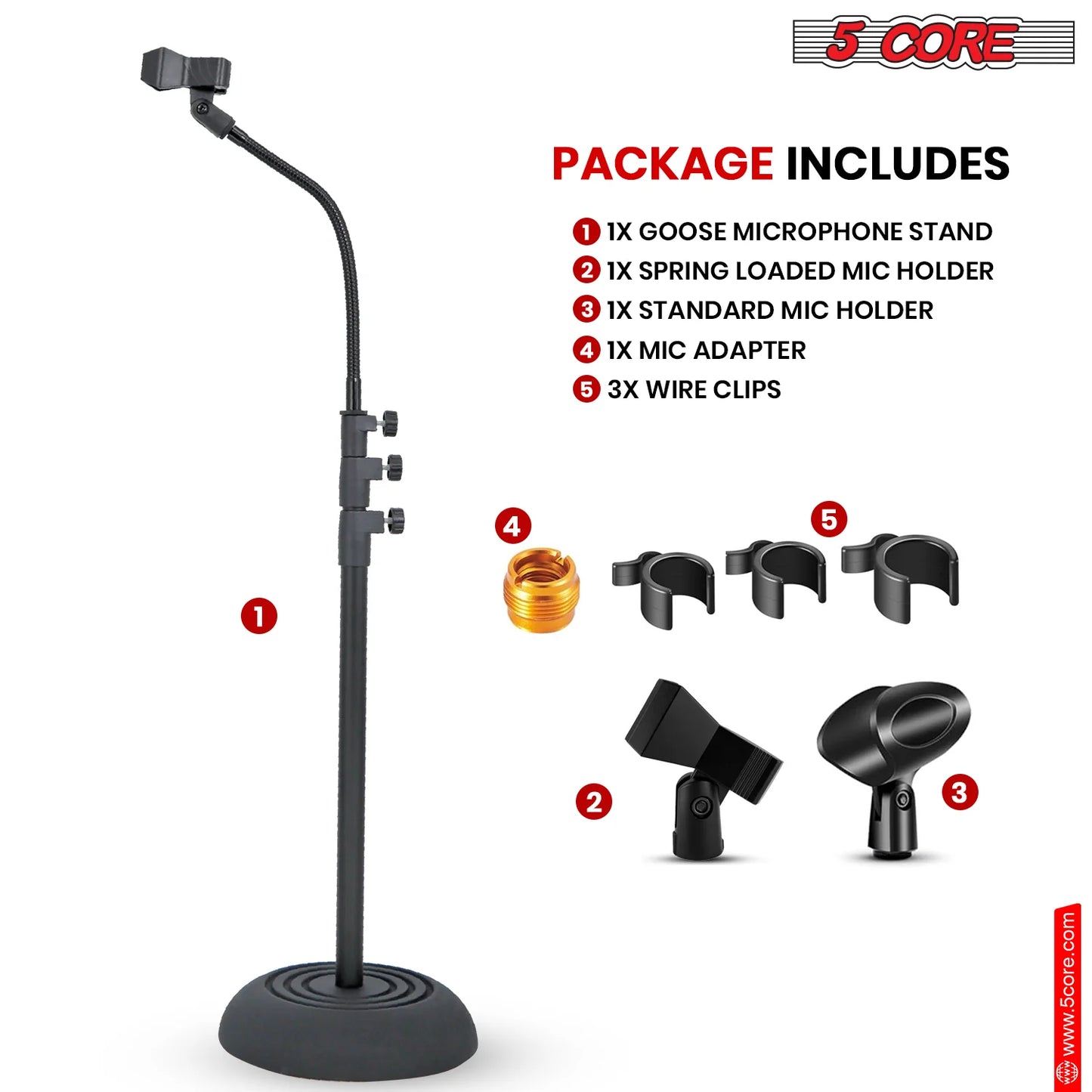 5Core Mic Stand Floor Adjustable Universal Heavy Duty Gooseneck Microphone Stands round Base Soporte De Micrófono