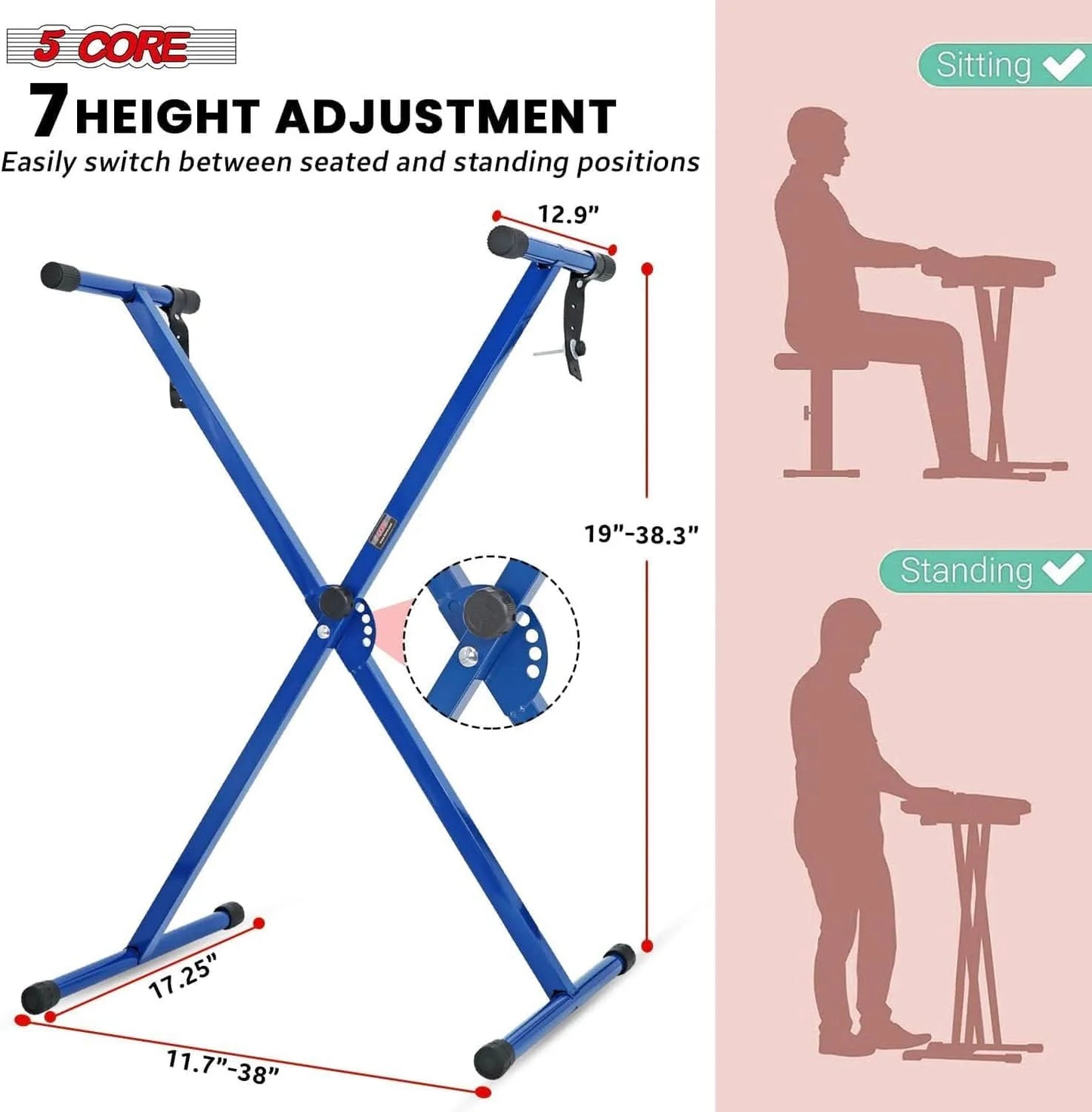 5Core Keyboard Stand Single X Style Adjustable Piano Riser + Keyboard Piano Bench