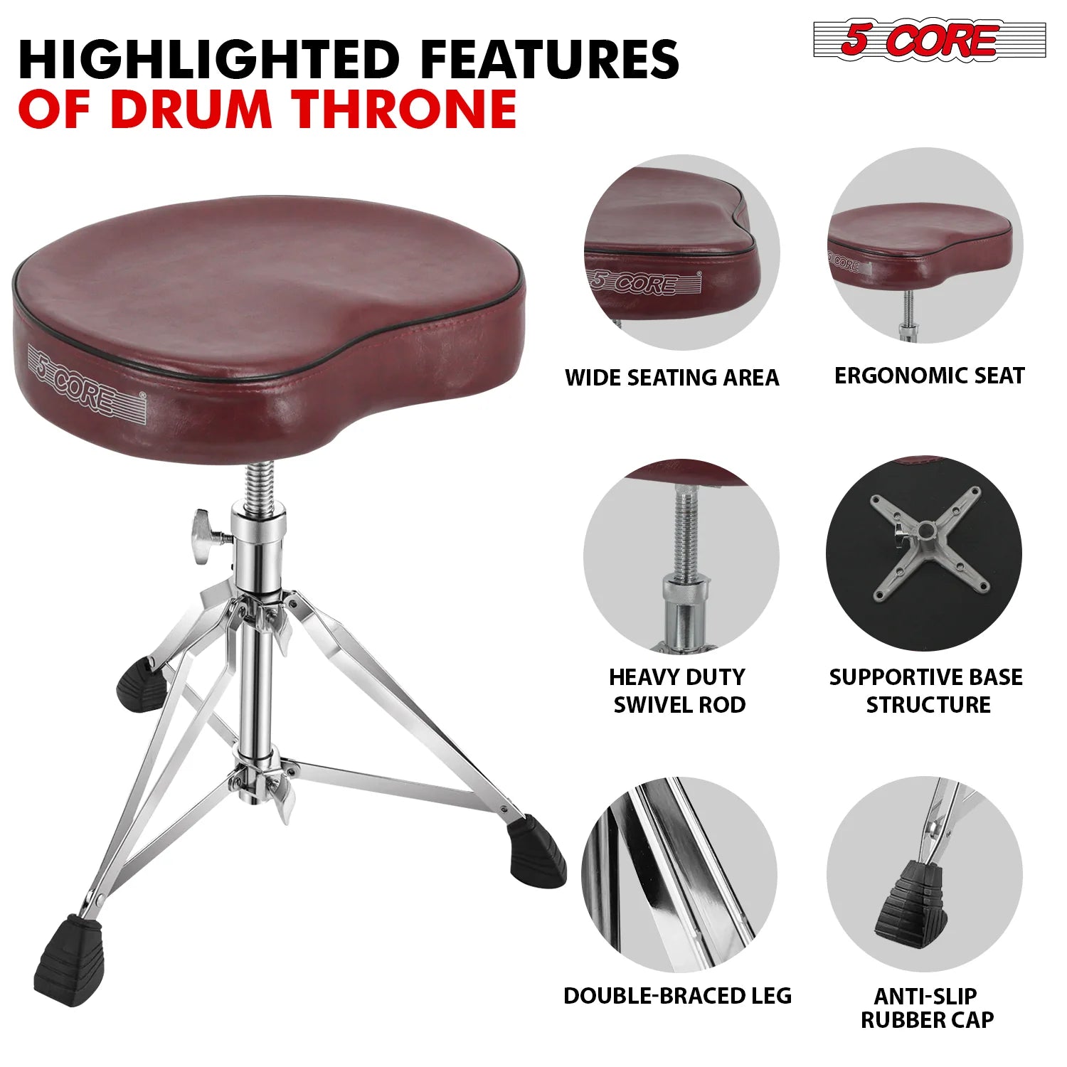 5Core Drum Throne Padded Guitar Stool Saddle Drummer Seat for Adults & Kids