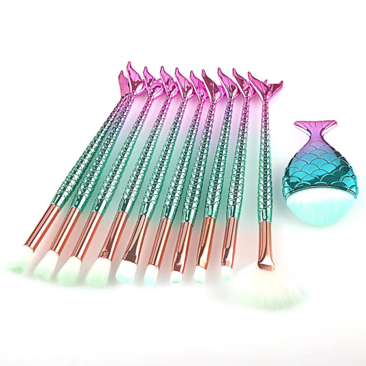 11Pcs Makeup Brushes Kit Fish Tail Pencil Cosmetics Foundation Artist Highlighter Face Set Natural Tool of Bronzer Eyeshadow Lip