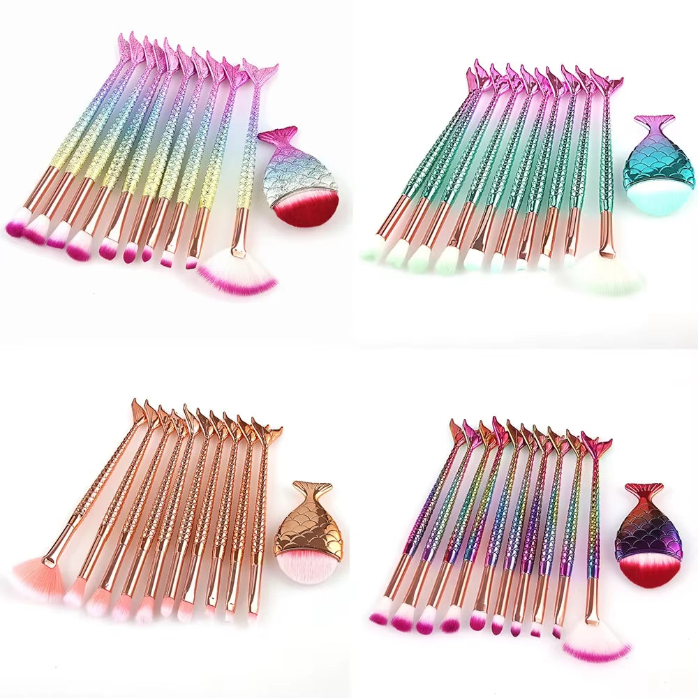 11Pcs Makeup Brushes Kit Fish Tail Pencil Cosmetics Foundation Artist Highlighter Face Set Natural Tool of Bronzer Eyeshadow Lip