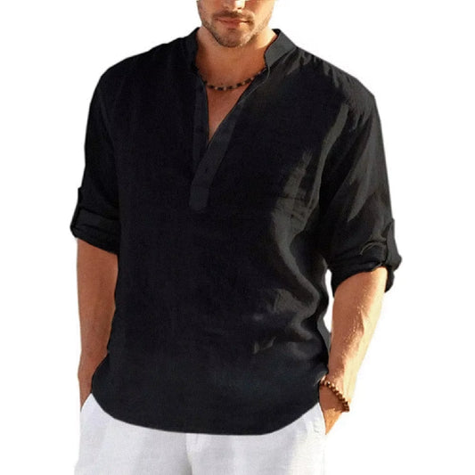 Cotton Linen Hot Sale Men Short-Sleeved Shirts Summer Solid Color Stand-Up Collar Casual Beach Style plus Size