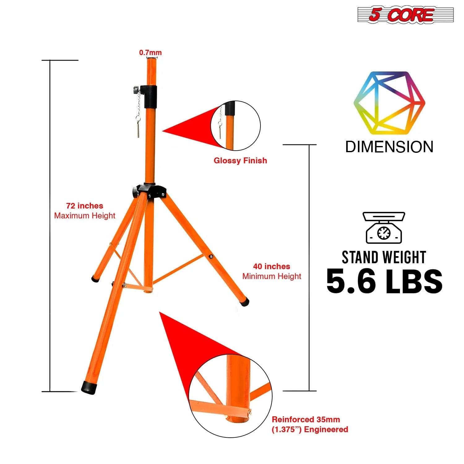 5Core Speaker Stand Tripod Tall Adjustable 72 Inch DJ Pole Mount Studio Monitor Stands ORANGE