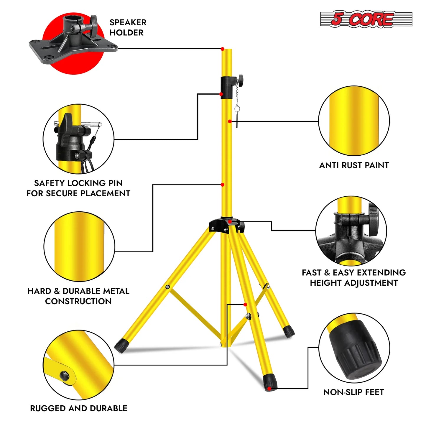 5Core Speaker Stand Tripod Tall Adjustable 72 Inch DJ Pole Mount Studio Monitor Stands Yellow