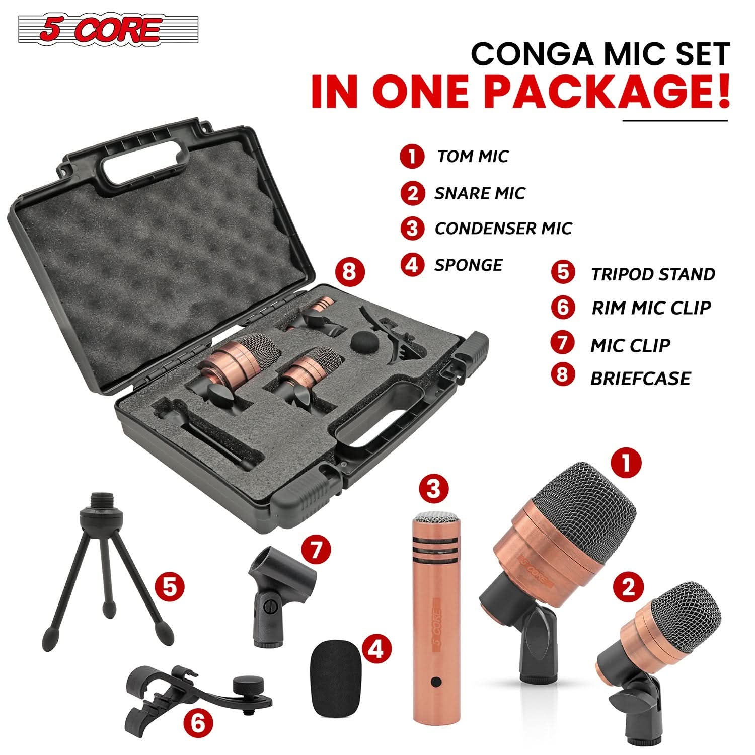 5Core Conga Mic Snare Tom Microphone Drum Kit Condenser XLR Instrument Mics Copper XP