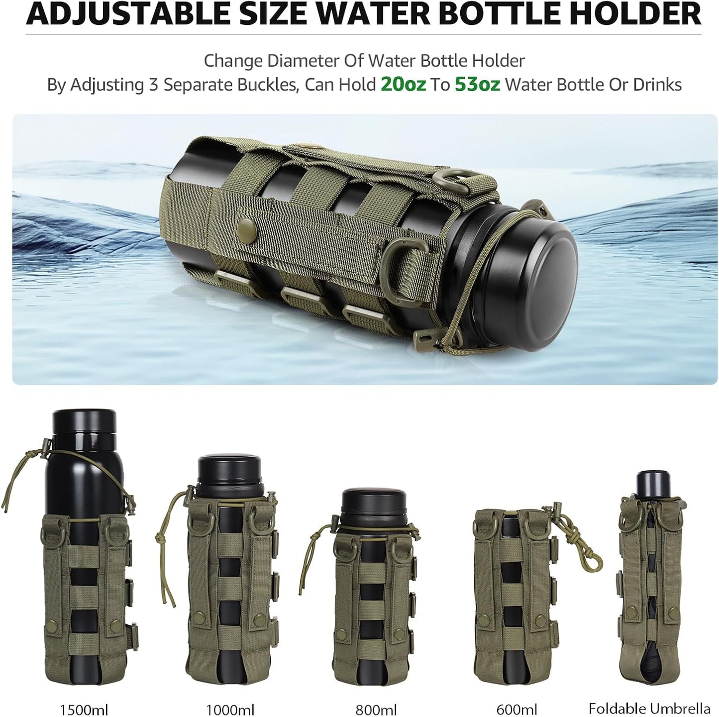 Molle Pouch Water Bottle Holder for Backpack, Tactical Water Bottle Holder Use with Strap, Adjustable Straps Water Bottle Carrier Bag for 20 32 36 48 Oz Water Bottle