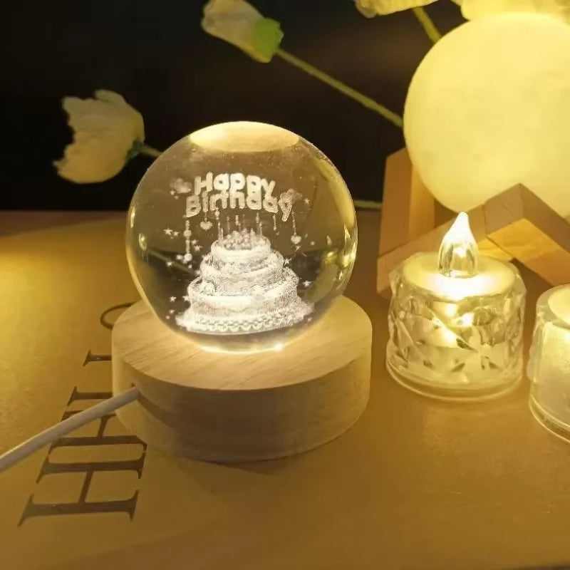 Luminous Crystal Ball LED Night Light Saturn Solar System 3D Moon Table Lamp USB Bedroom Atmosphere Lamp for Birthday Kid Gift