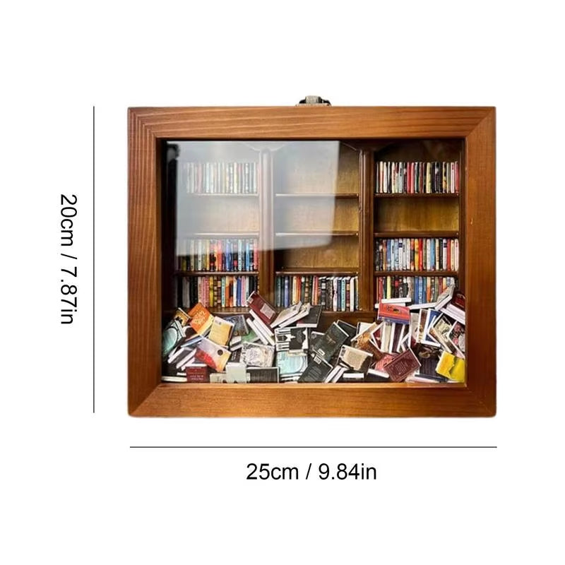 Miniature Stress Reliever Bookshelf Wooden Mini Library Bookshelf Display Case Ornaments Creative Shake-Away Your Anxiety Gift