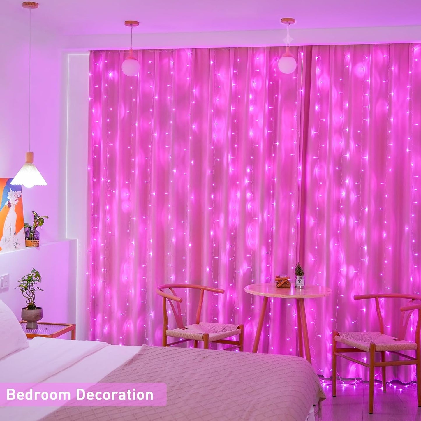 300 LED Pink Curtain Lights Indoor, Pink Christmas Lights Plug In, 8 Modes Pink String Lights for Bedroom Window Wall Party Backdrop Xmas Valentine Decorations, 9.8X9.8Ft