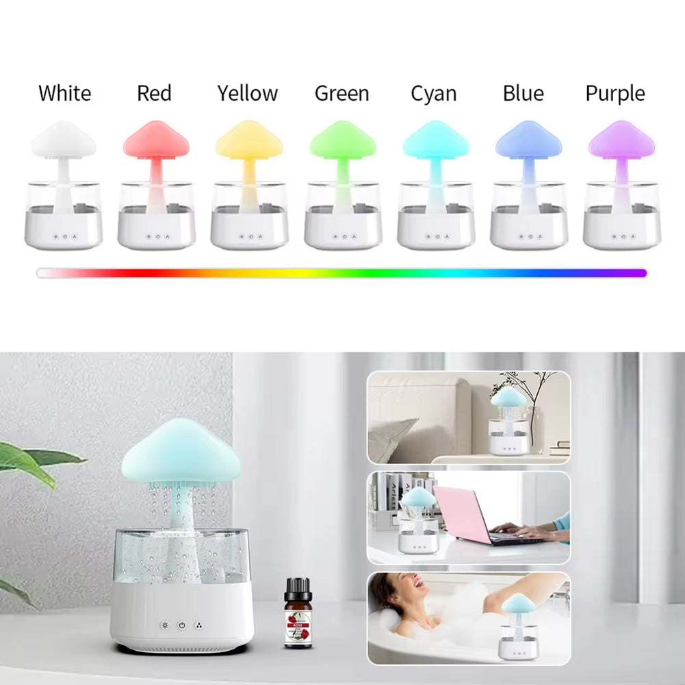 USB Colorful Night Lights Air Humidifier Mushroom Rain Aroma Diffuser Rain Cloud Smell Distributor Relax Water Drops Sounds