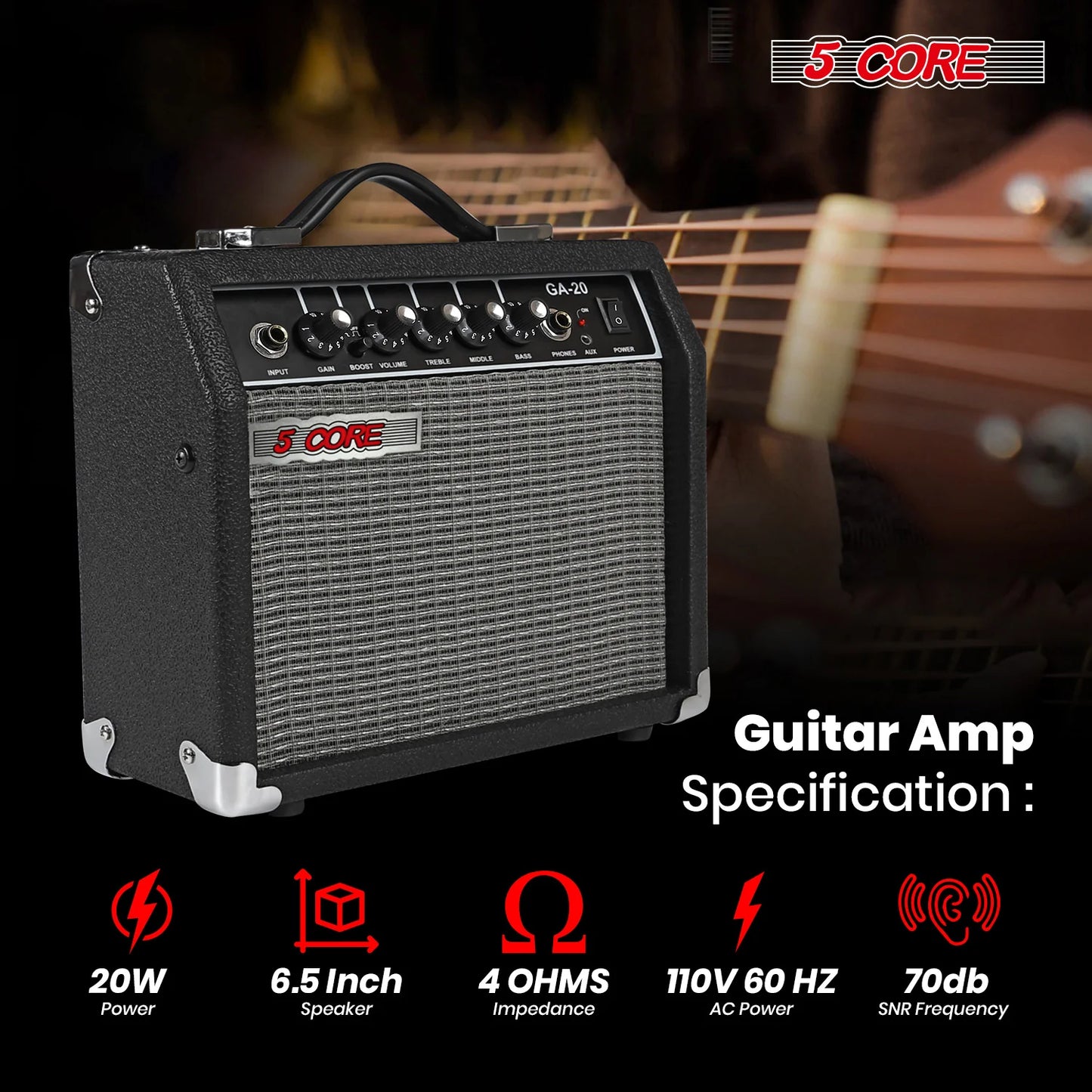 5 Core Guitar Amp for Electric Bass Acoustic Portable Amplifier Practice Amplificador 20W BLACK