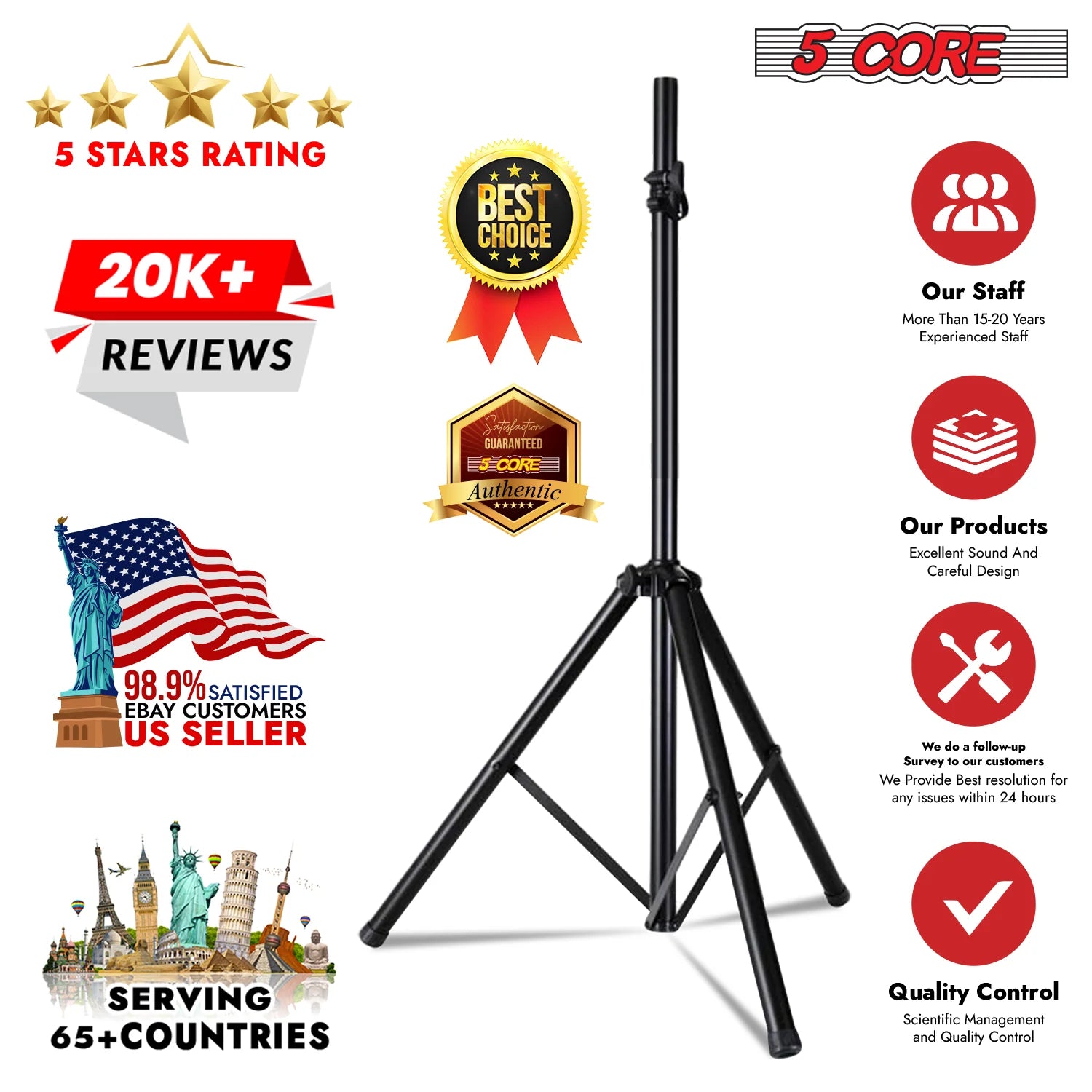 5Core Speaker Stand Tripod Tall Adjustable 72 Inch DJ Pole Mount Studio Monitor Stands BLACK