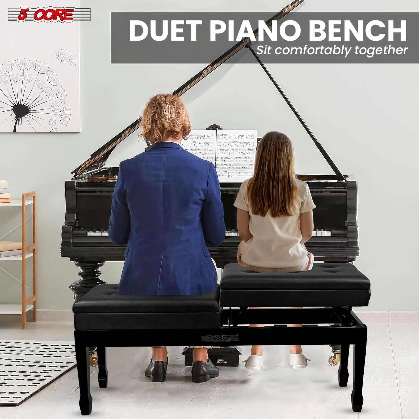 5CORE Duet Piano Bench W Storage for Two Wooden Adjustable Keyboard Stool - Adults & Kids