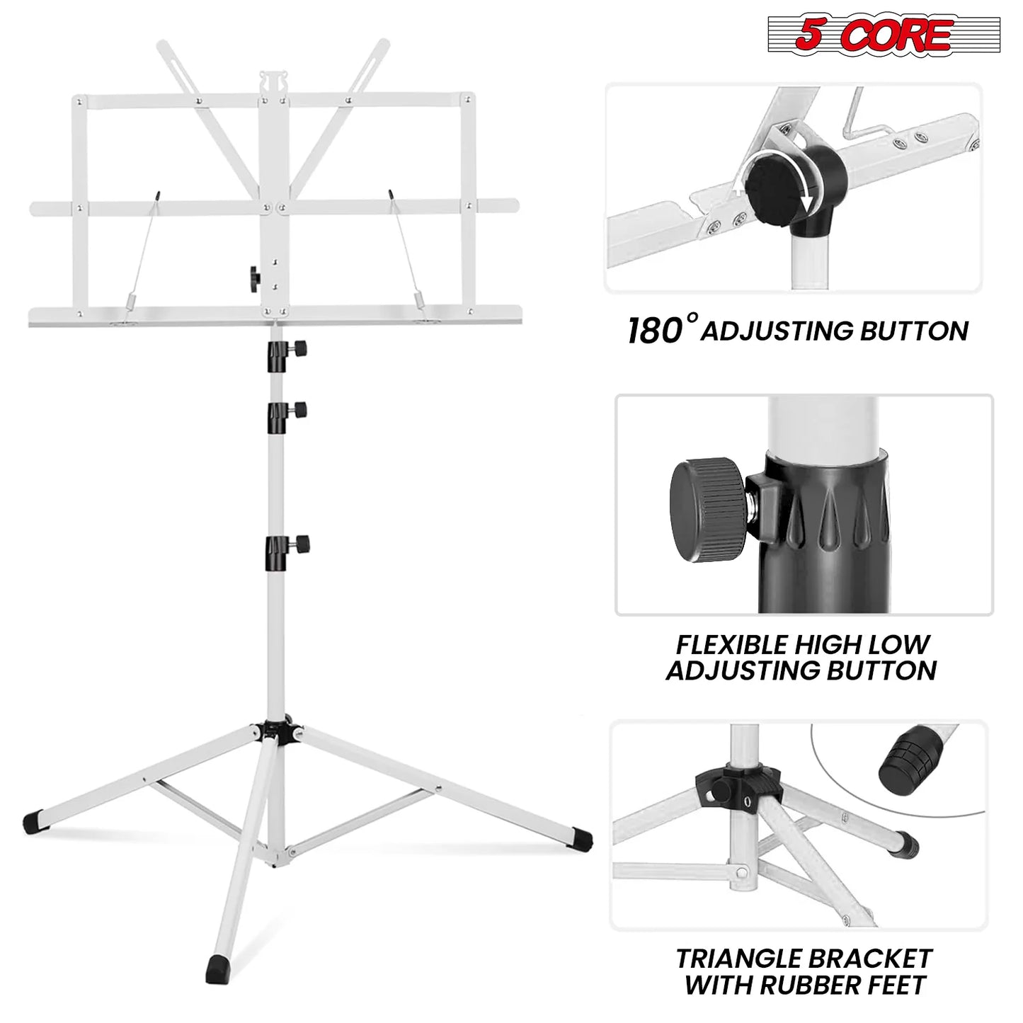 5Core Music Stand for Sheet Music Portable Tripod Adjustable Folding Note Holder with Light White