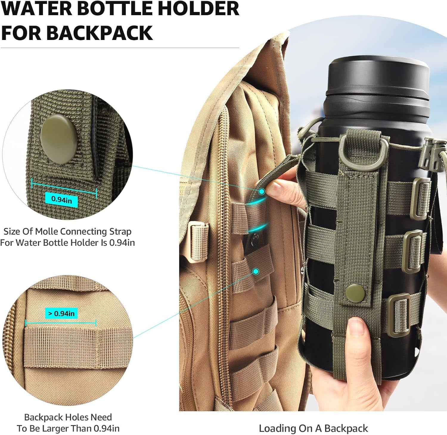 Molle Pouch Water Bottle Holder for Backpack, Tactical Water Bottle Holder Use with Strap, Adjustable Straps Water Bottle Carrier Bag for 20 32 36 48 Oz Water Bottle