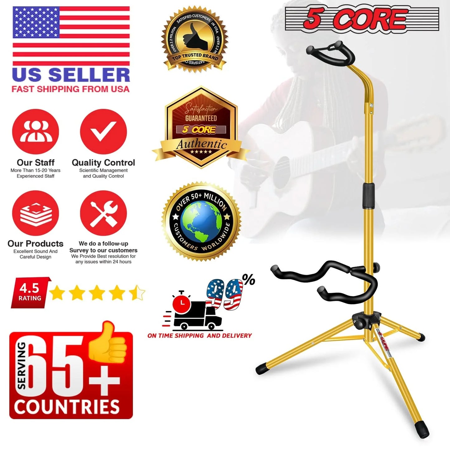 5Core Guitar Stand Floor Foldingholder Soporte Para Guitarra for Acoustic Electric Bass Yellow