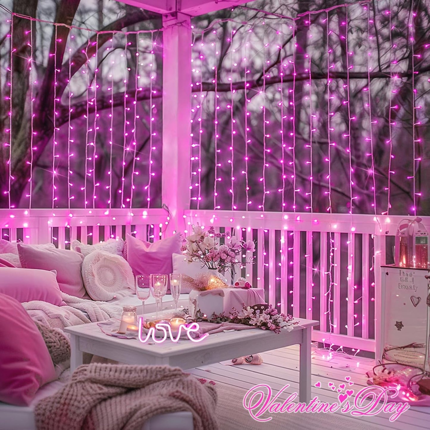 300 LED Pink Curtain Lights Indoor, Pink Christmas Lights Plug In, 8 Modes Pink String Lights for Bedroom Window Wall Party Backdrop Xmas Valentine Decorations, 9.8X9.8Ft