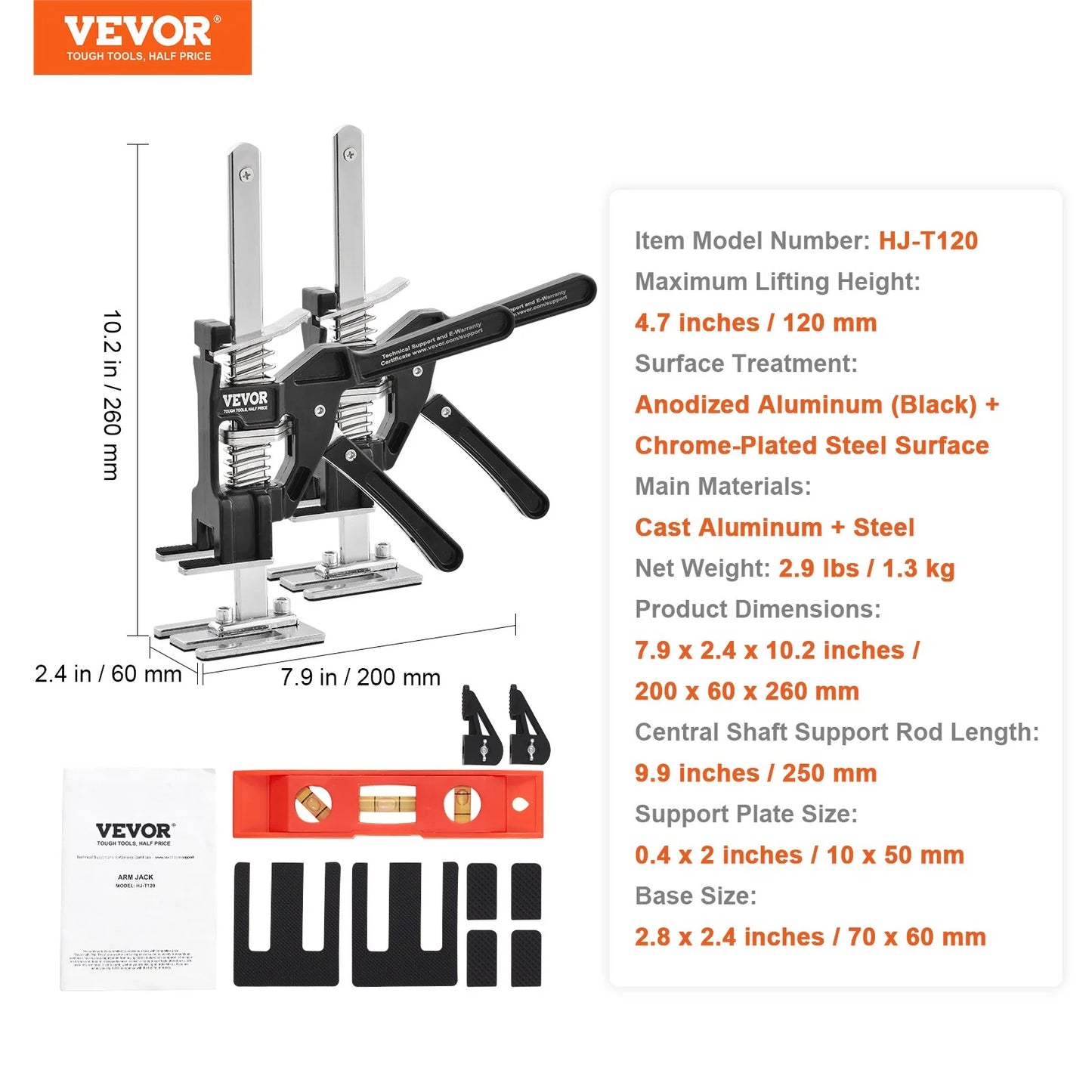 VEVOR Labor Saving Arm Jack, 2 PCS Bearing Capacity 200 Lbs, Lifting up to 4.7, Hand Lifting Jack Tool with Magnetic Level, Door Panel Lifting Cabinet Jack for Door, Window, Furniture, Woodworking