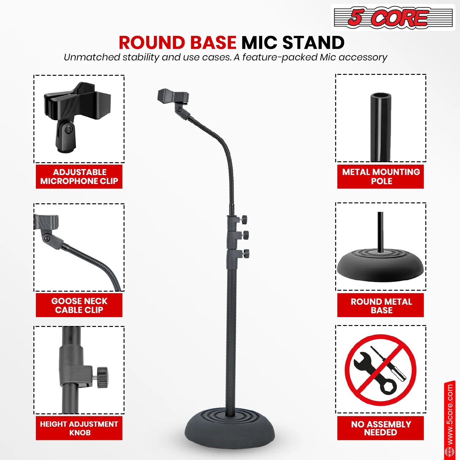 5Core Mic Stand Floor Adjustable Universal Heavy Duty Gooseneck Microphone Stands round Base Soporte De Micrófono