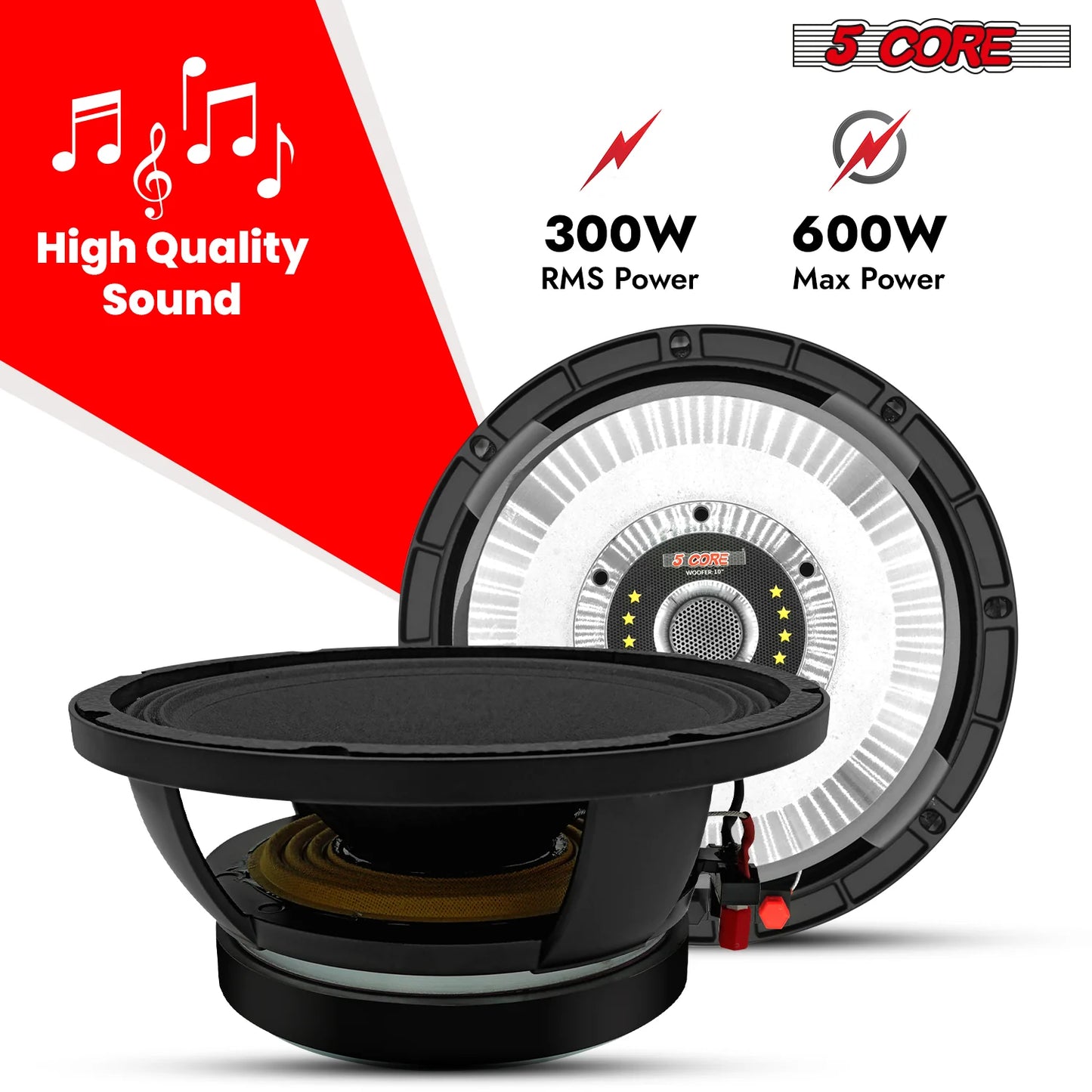 5 CORE 10 Inch Subwoofer Speaker 600W Max 4 Ohm Full Range Replacement DJ Bass Loudspeaker