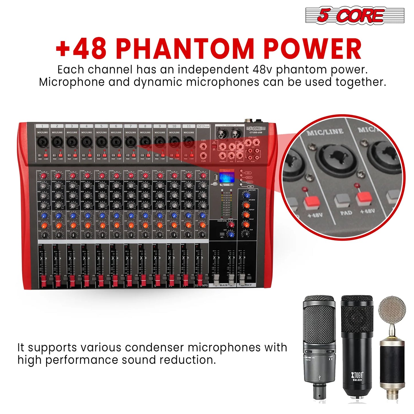 5 Core Audio Mixer 12 Channel DJ Equipment with Bluetooth USB Sound Board Console