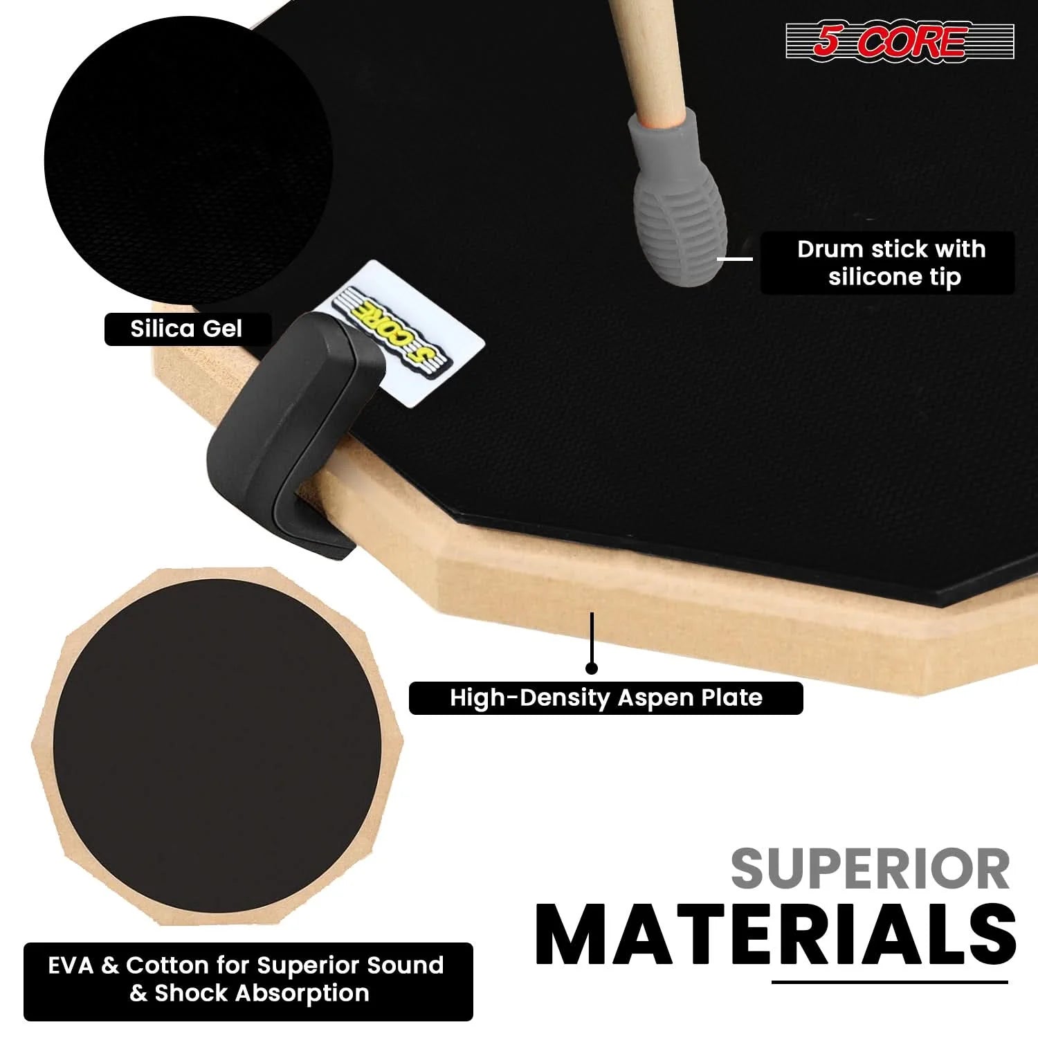 5 Core Drum Practice Pad Set 12" Adjustable Snare Drumming Stand Double Sided Silent Drummer Kit