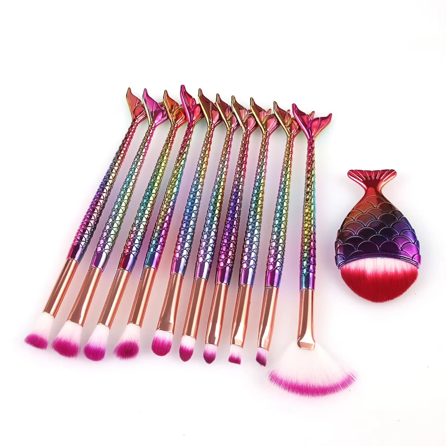 11Pcs Makeup Brushes Kit Fish Tail Pencil Cosmetics Foundation Artist Highlighter Face Set Natural Tool of Bronzer Eyeshadow Lip