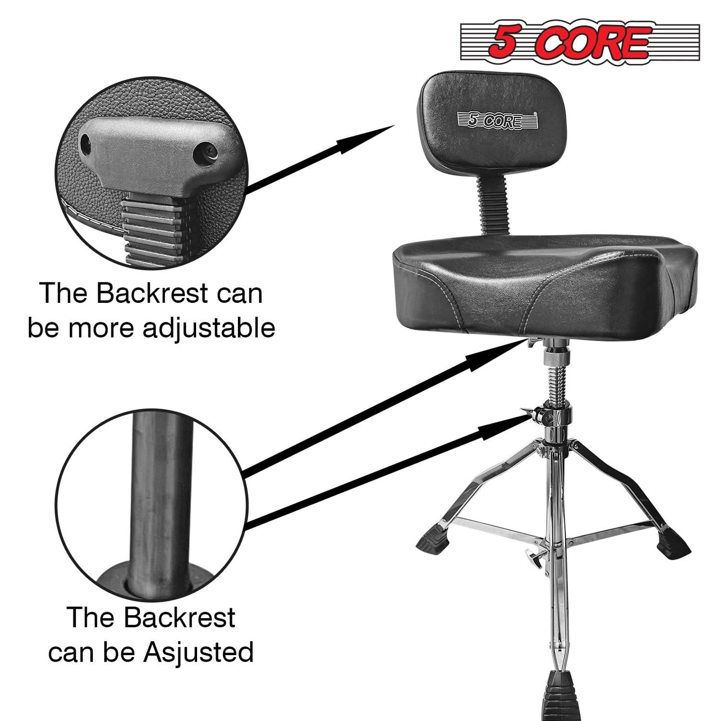 5Core Drum Throne Padded Guitar Stool Backrest Drummer Seat for Adults & Kids BLACK