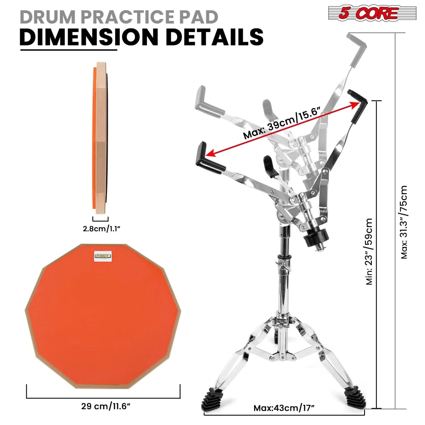 5 Core Drum Practice Pad Set 12" Adjustable Snare Drumming Stand Double Sided Silent Drummer Kit ORANGE