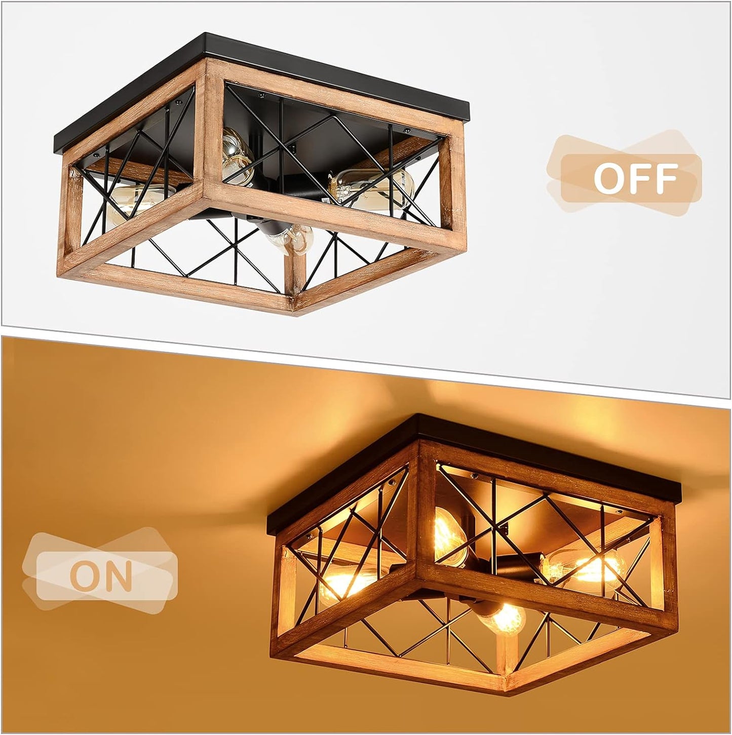 Wood Flush Mount Ceiling Light, 4 Lights Farmhouse Ceiling Light, Rustic Ceiling Light Fixture with E26 Socket, Industrial Close to Ceiling Llights for Kitchen Hallway Entryway Living Room