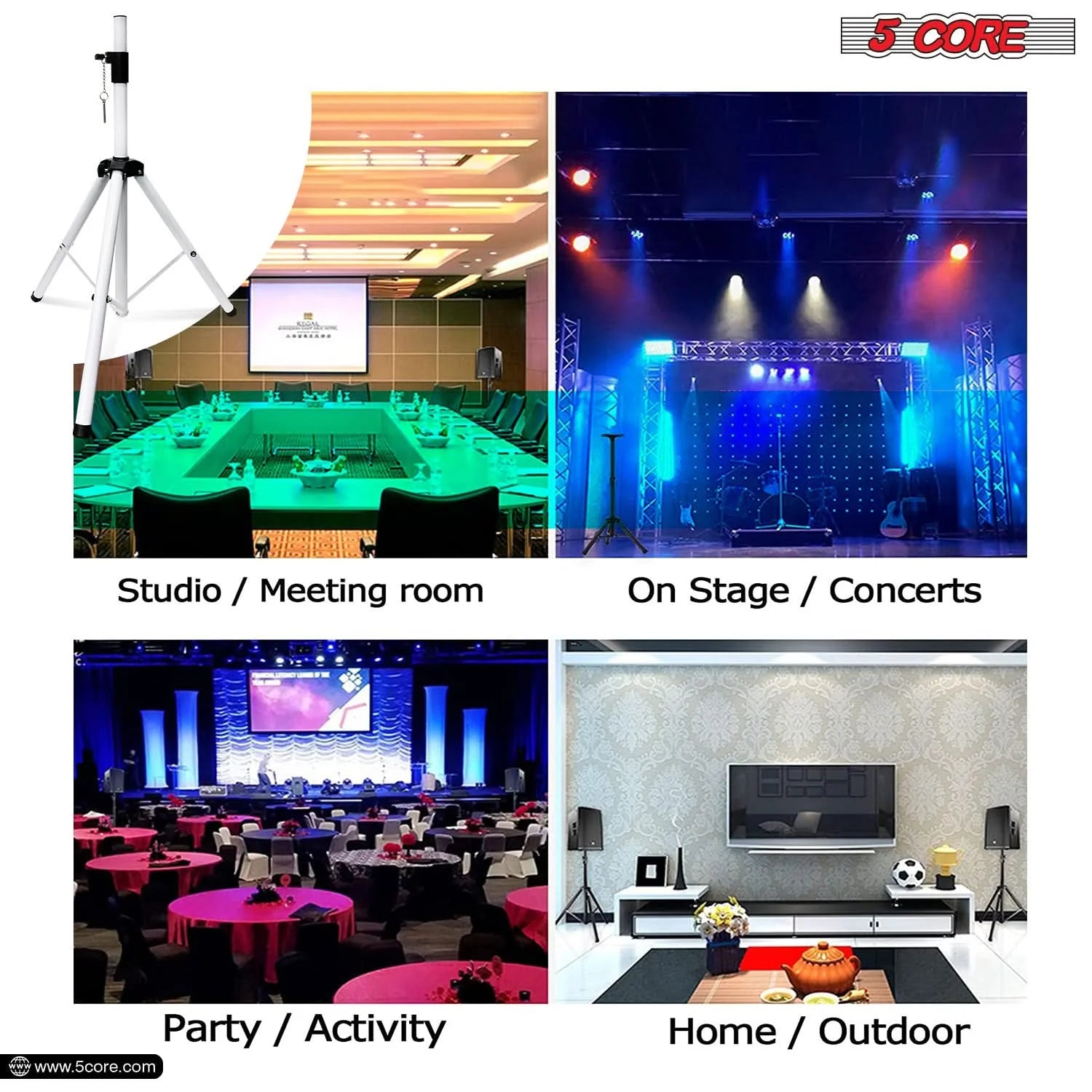 5Core Speaker Stand Tripod Tall Adjustable 72 Inch DJ Pole Mount Studio Monitor Stands WHITE