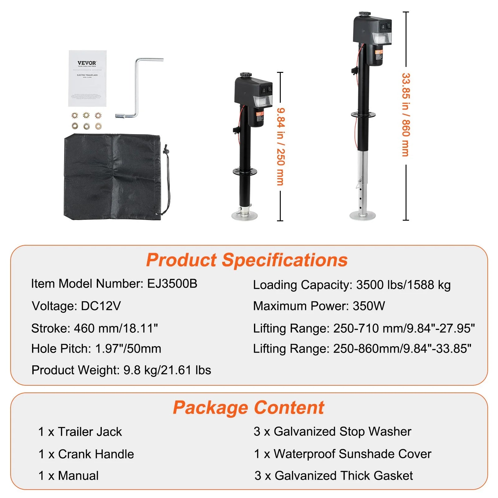 VEVOR Electric Trailer Jack, Power Tongue Jack Weight Capacity 3500 Lbs, 9.84-33.85 Electric Tongue Jack with Waterproof Cover for Lifting RV Trailer, Horse Trailer, Utility Trailer, Yacht Trailer