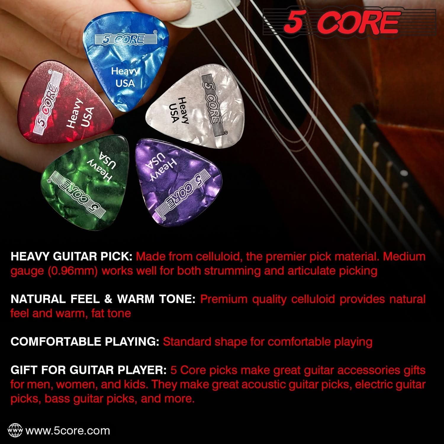 5Core Guitar Picks 0.96Mm Celluloid Heavy Gauge Pick - Acoustic Electric Bass Guitars PURPLE