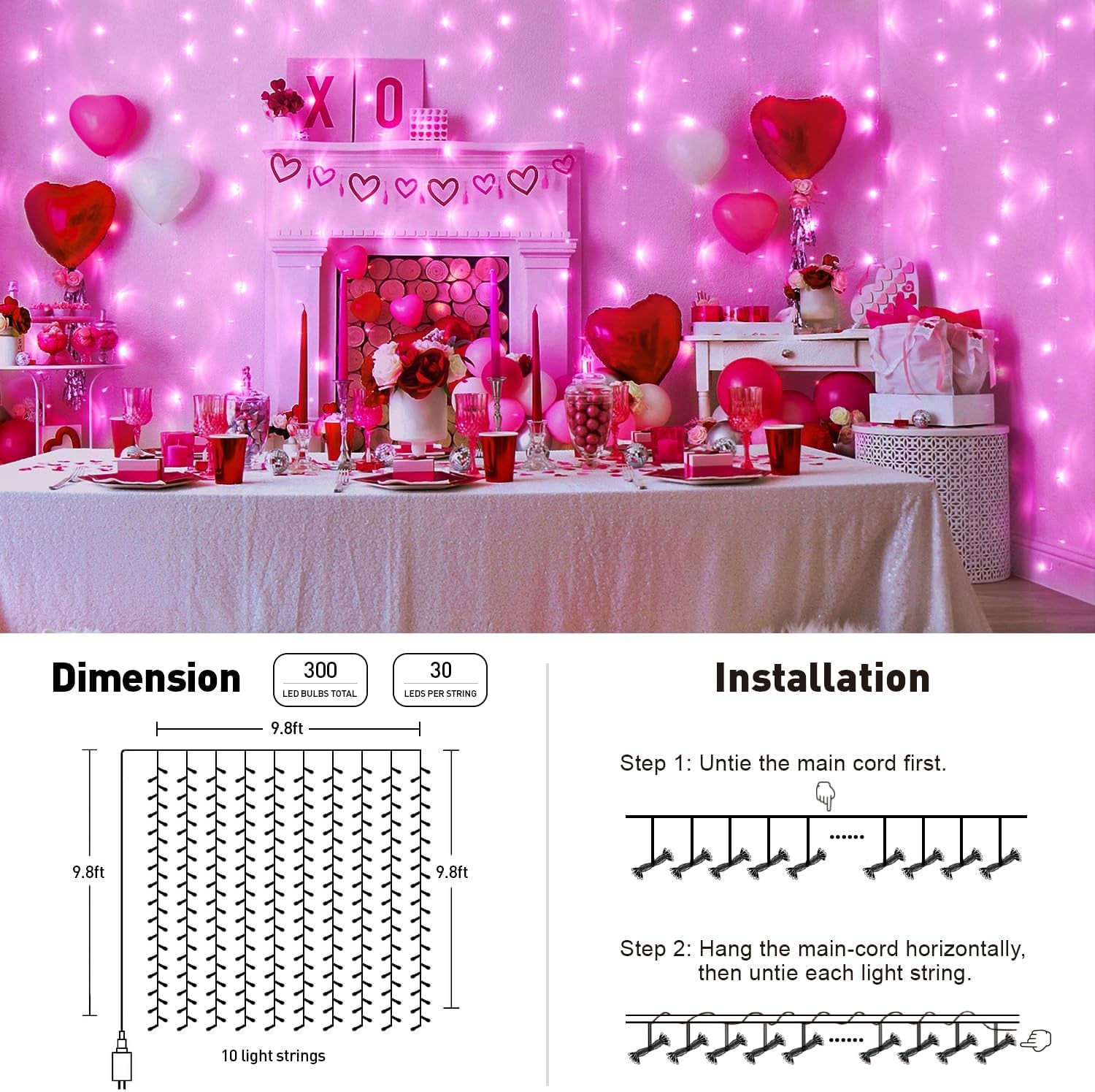 300 LED Pink Curtain Lights Indoor, Pink Christmas Lights Plug In, 8 Modes Pink String Lights for Bedroom Window Wall Party Backdrop Xmas Valentine Decorations, 9.8X9.8Ft