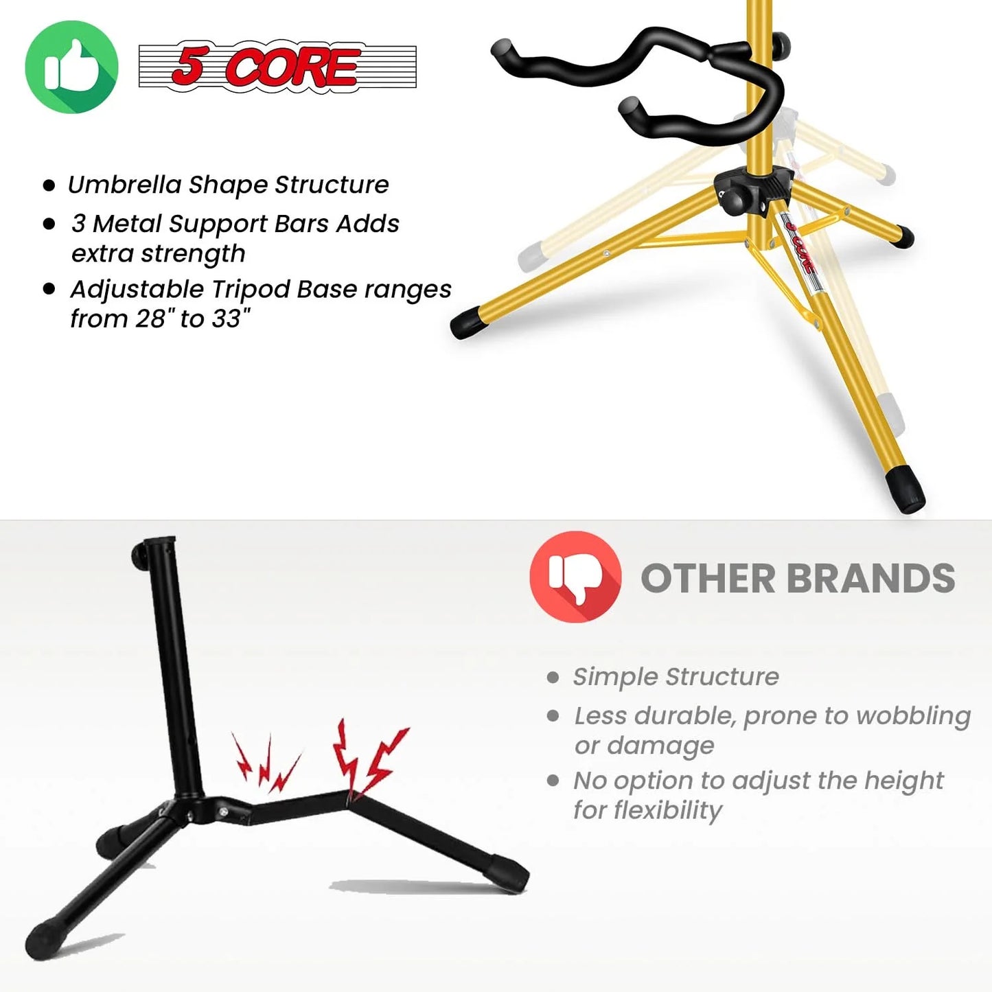 5Core Guitar Stand Floor Foldingholder Soporte Para Guitarra for Acoustic Electric Bass Yellow