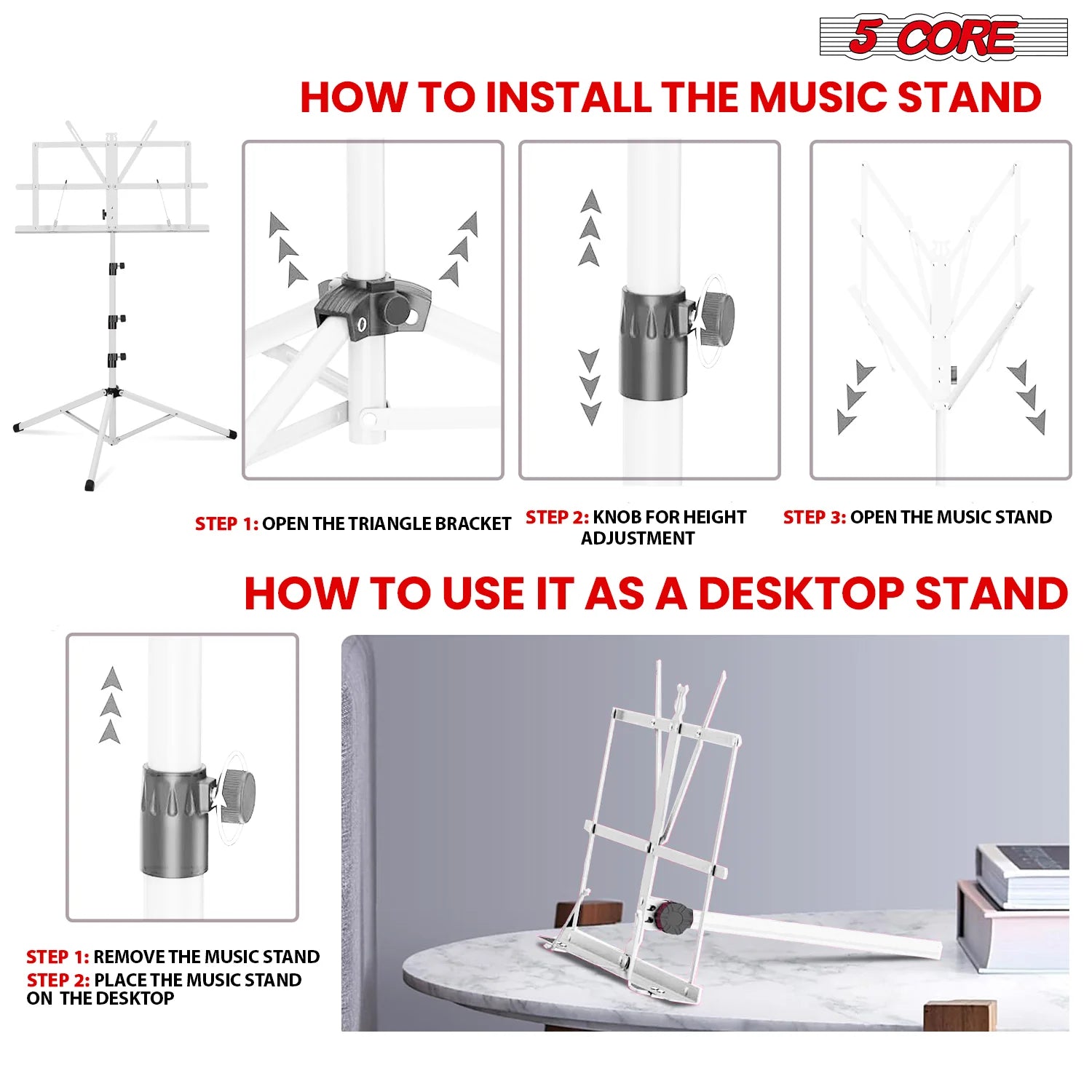 5Core Music Stand for Sheet Music Portable Tripod Adjustable Folding Note Holder with Light White