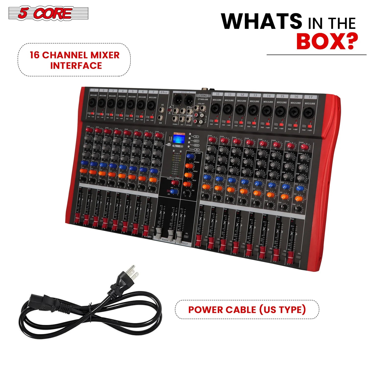 5 Core Audio Mixer 16 Channel DJ Equipment with Bluetooth USB Sound Board Console