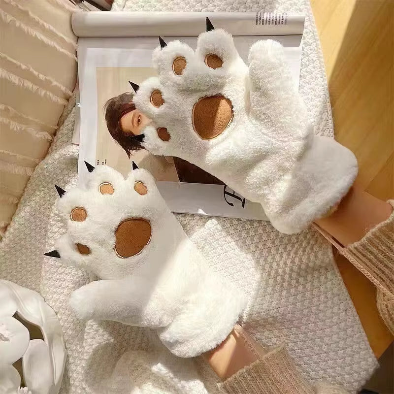 Women Gloves Bear Palm Paw Animals Plushclaw Glove Paws Costumes Cosplay Cute Cartoon Bear Simulation Furry Mittens Winter Warm