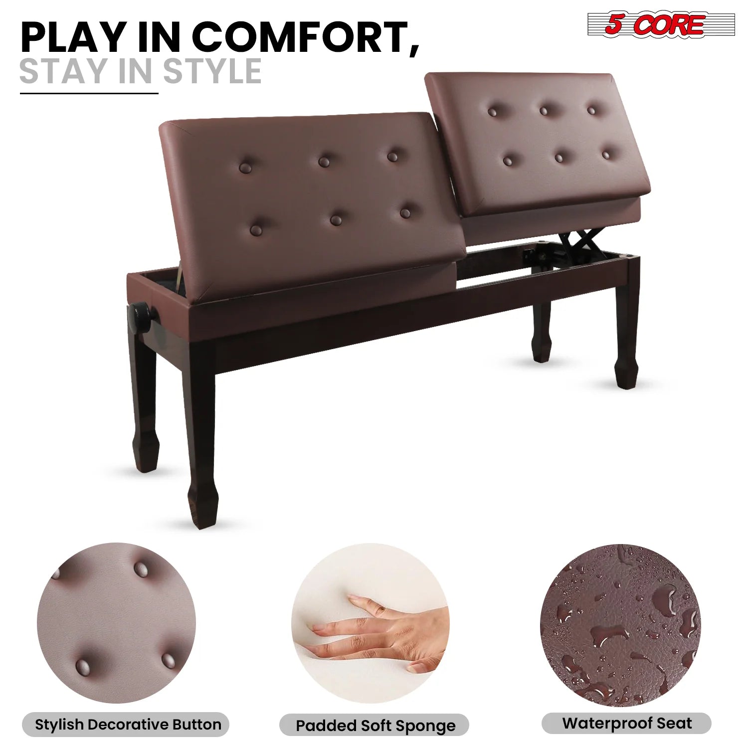 5CORE Duet Piano Bench W Storage for Two Wooden Adjustable Keyboard Stool - Adults & Kids