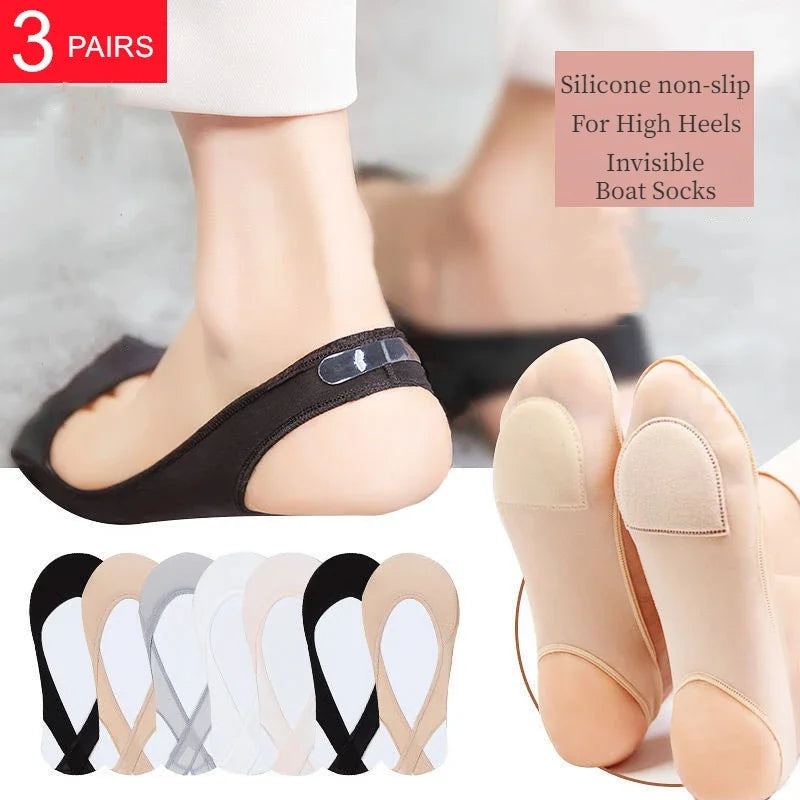 3 Pairs Invisible Boat Socks Women Summer Silicone Non-Slip Socks for High Heels Shoes Ice Silk Thin Half-Palm Suspender the New