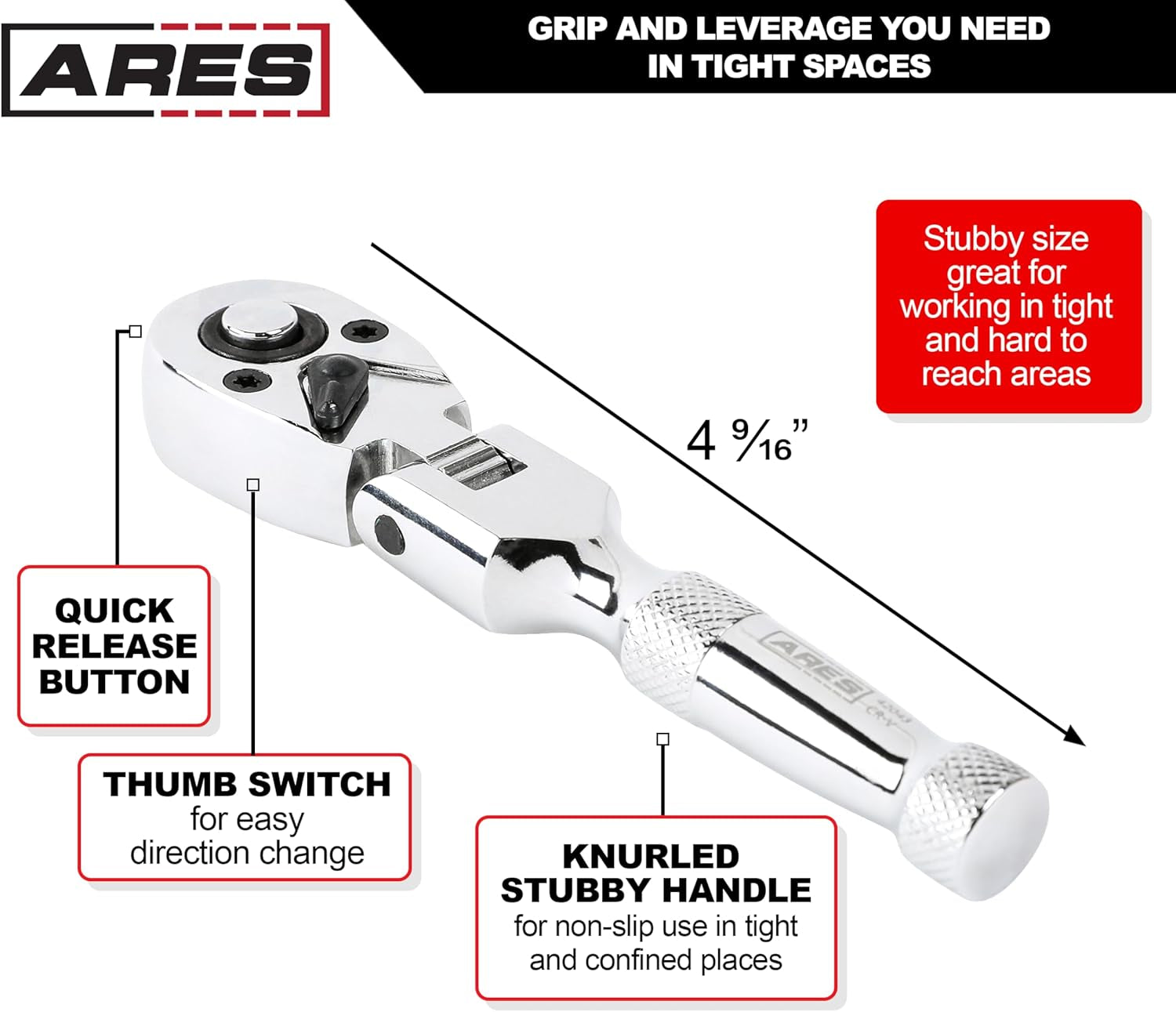 42043 - Flex Head Stubby Ratchet - 1/4-Inch Drive 72-Tooth Ratchet - Premium Chrome Vanadium Steel Construction & Mirror Polish Finish - Quick Release Reversible Direction Head Design