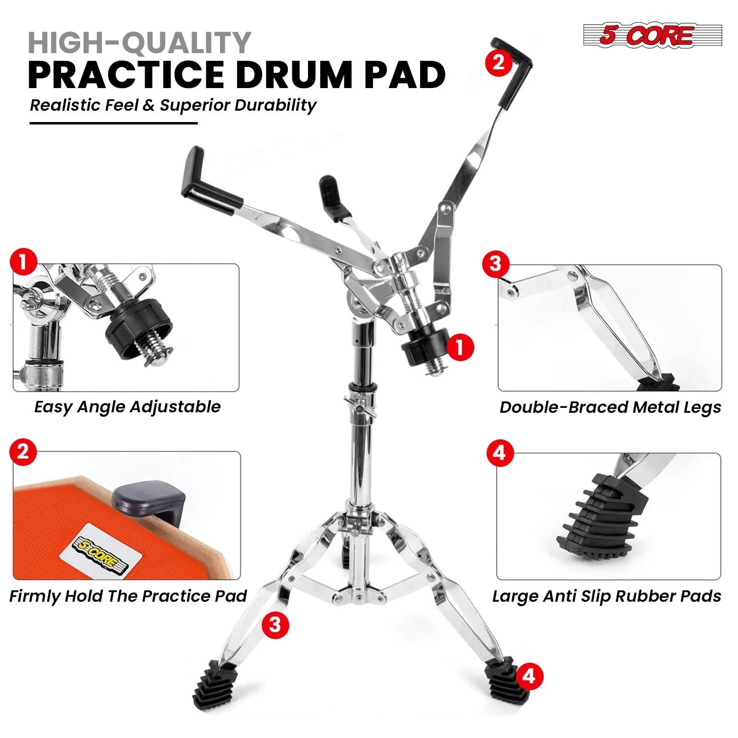 5 Core Drum Practice Pad Set 12" Adjustable Snare Drumming Stand Double Sided Silent Drummer Kit ORANGE