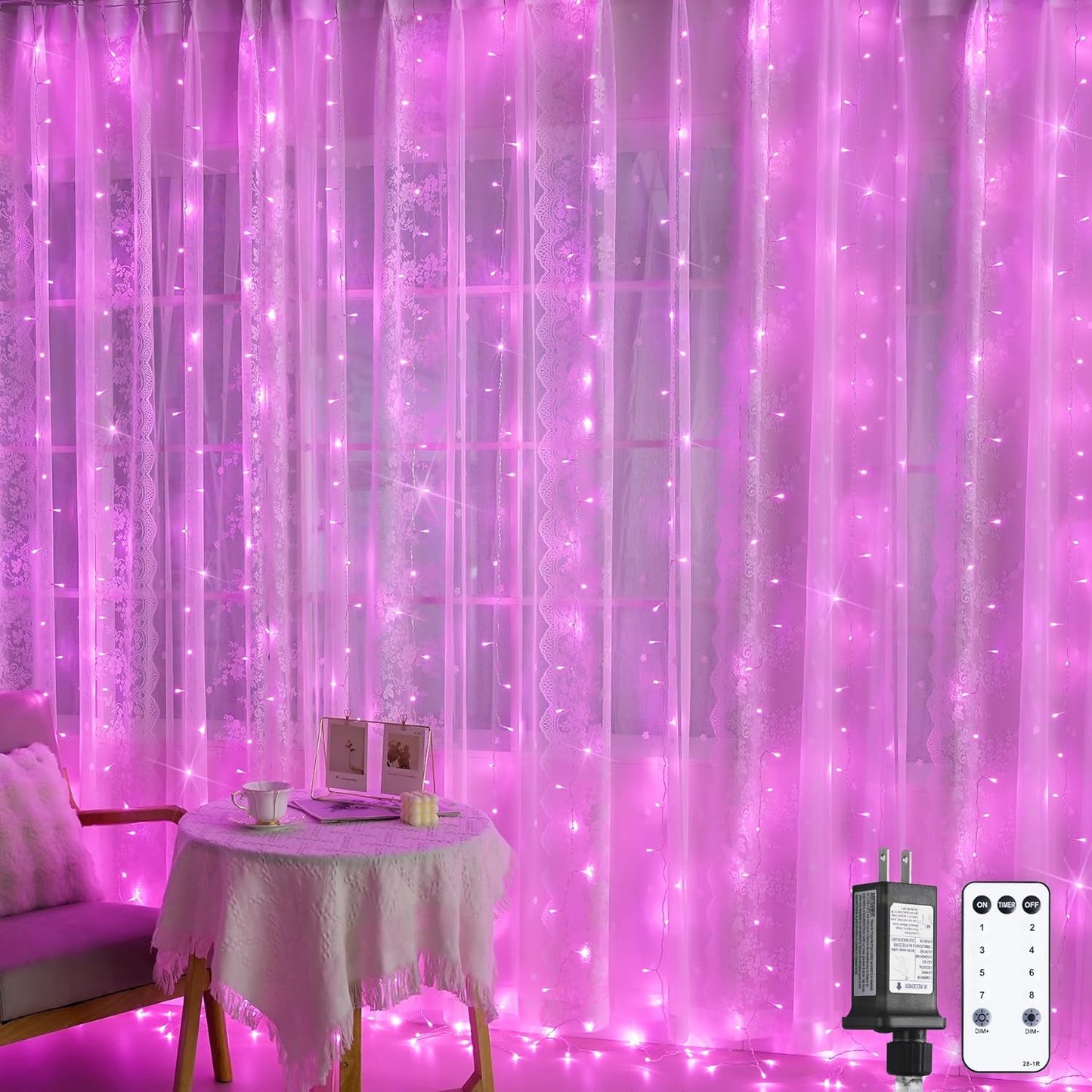 300 LED Pink Curtain Lights Indoor, Pink Christmas Lights Plug In, 8 Modes Pink String Lights for Bedroom Window Wall Party Backdrop Xmas Valentine Decorations, 9.8X9.8Ft