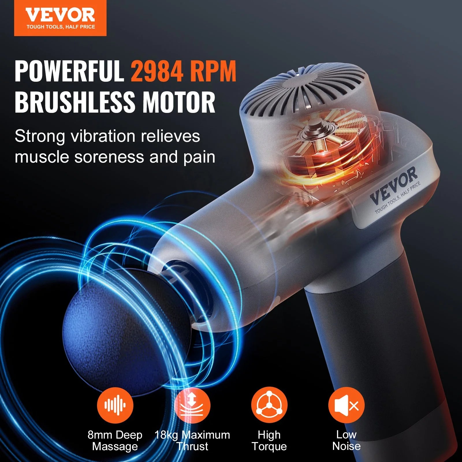 VEVOR Massage Gun Deep Tissue, Percussion Muscle Massager for Athletes - with 5 Speed Levels & 6 Massage Heads, 7.4V 2500Mah Batteries, Handheld Electric Massage Gun for Pain Relief, Muscle Relaxation